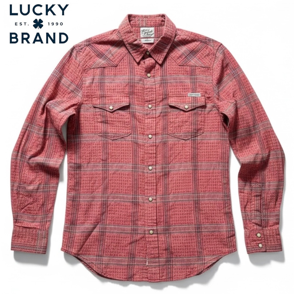 Lucky Brand Pearl Snap Dobby Western Shirt Red Plaid Woven Ranch Wear | Size M